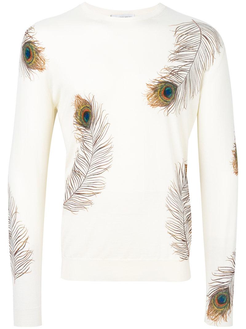 Alexander McQueen Wool Peacock Feather Print Jumper in White - Lyst