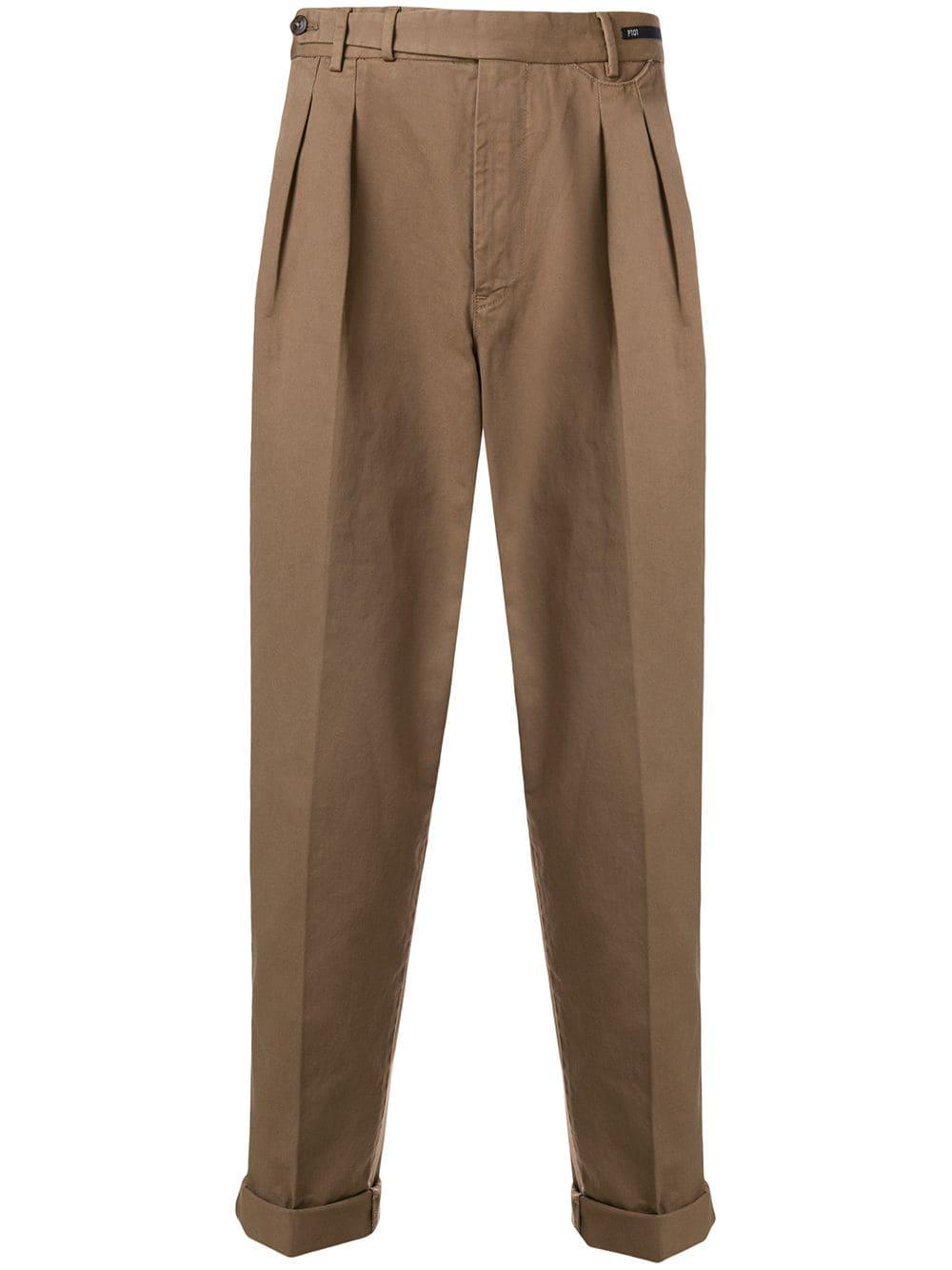 PT01 Cotton Pleated Tapered Trousers in Brown for Men - Lyst