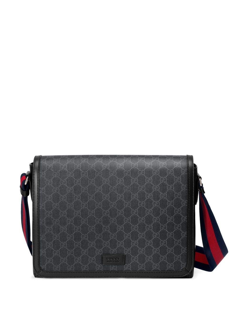 Gucci GG Supreme Monogram Web Flap Messenger Bag Black 