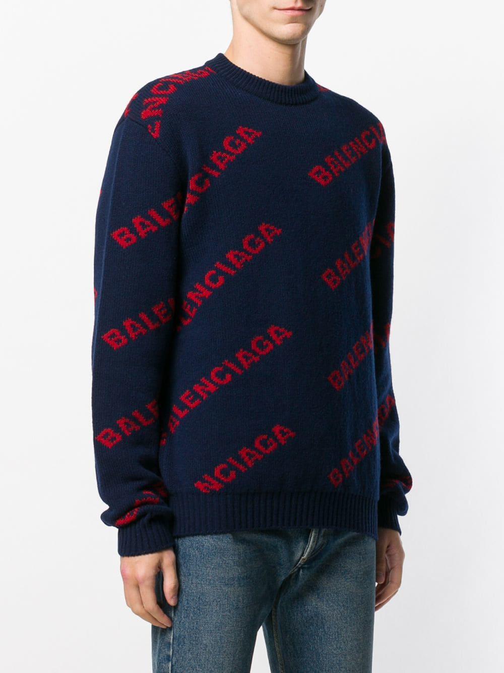 Balenciaga Navy Blue Logo Knitted Wool Jumper for Men | Lyst