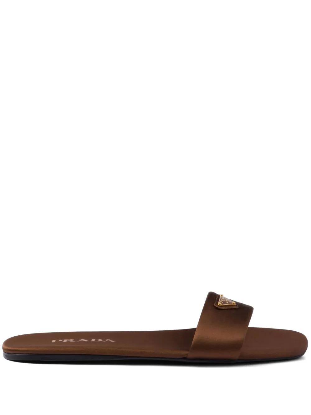 Prada Triangle-Logo Satin Slides in Brown | Lyst