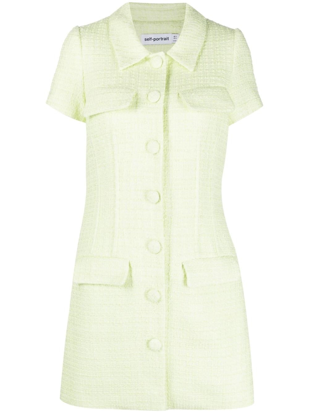 self portrait green tweed dress Self-Portrait Buttoned Bouclé Minidress in fabric_Silk