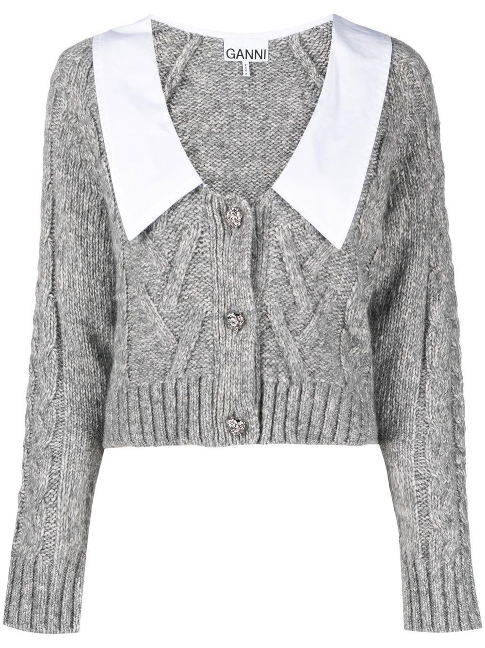 Ganni Contrasting-collar Cable-knit Cardigan in Gray | Lyst