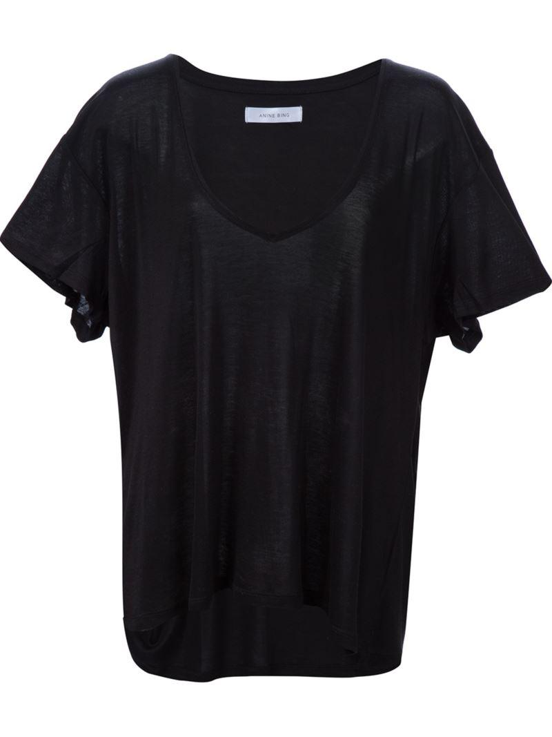 Anine Bing Silk Deep V-neck T-shirt in Black - Lyst
