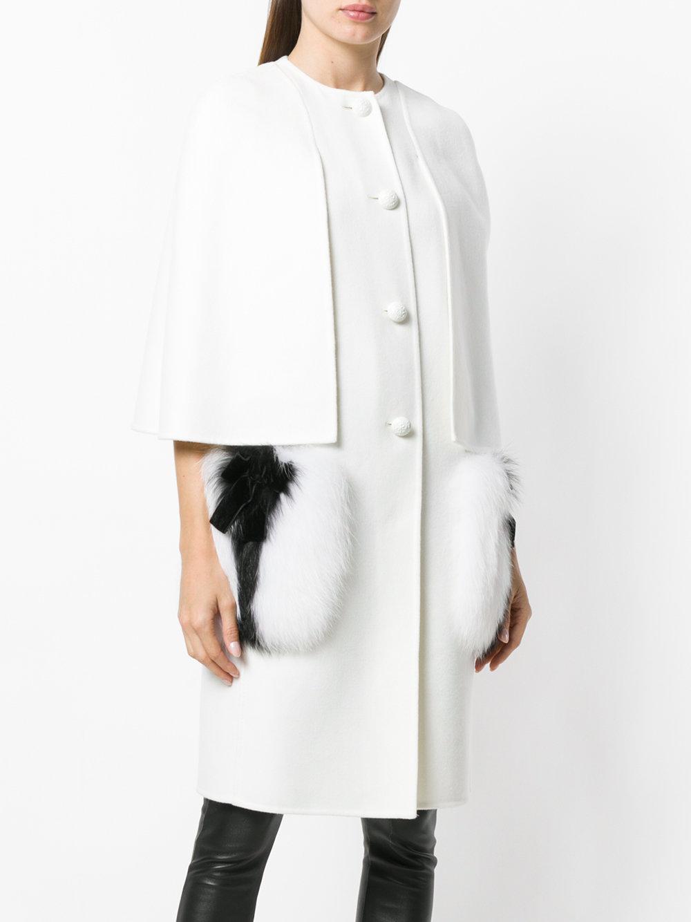 Fendi Single-breasted Wool Cape Coat W/ Fox Fur Pockets in White - Lyst