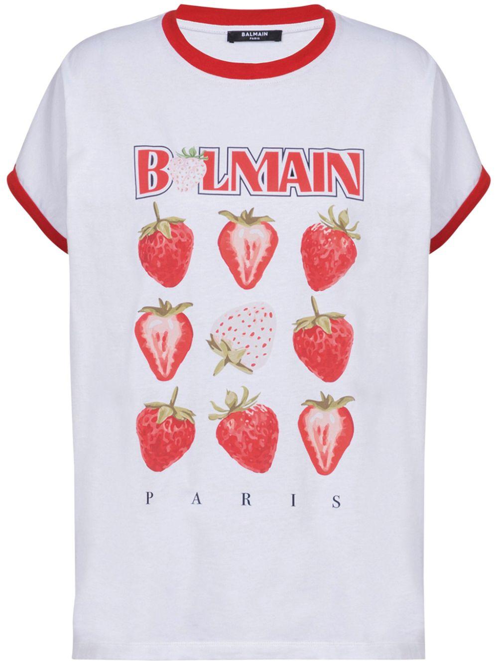 Balmain レディース ホワイト プリント Tシャツ トップス 