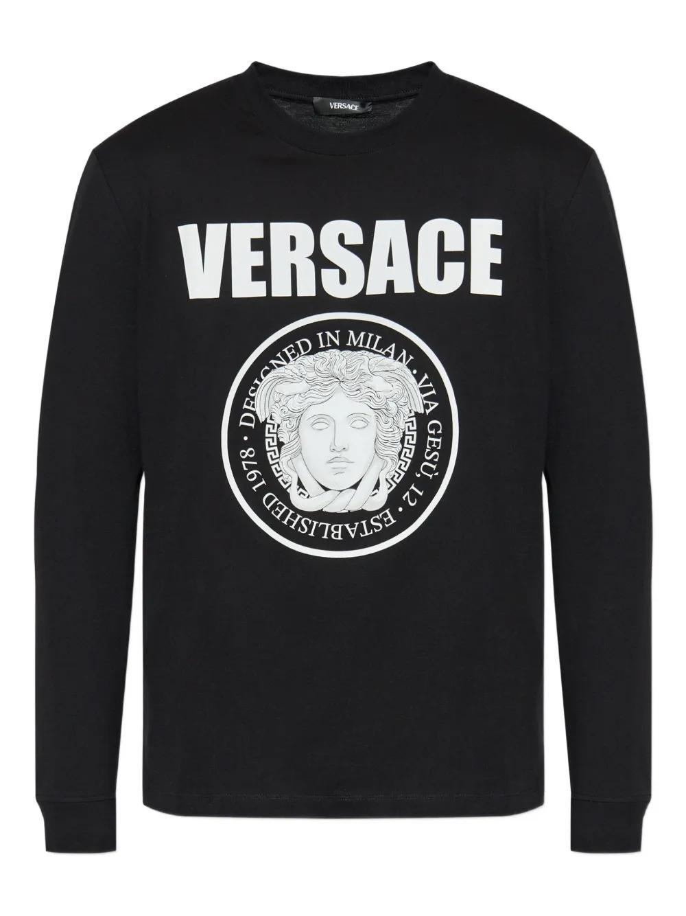 VERSACE｜ (LOGO ROUND NECK LONG SLEEVE (AUU01007 1A10011 VERSACE logo long-sleeve top | REVERSIBLE