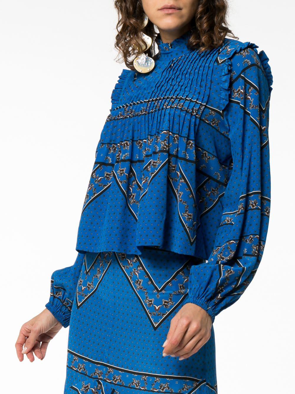 Ganni Cloverdale Pleat Detail Printed Silk Blouse in Blue - Lyst