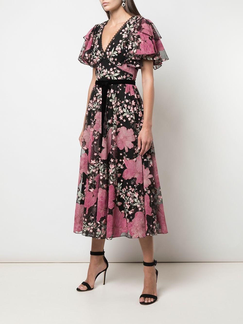 Marchesa notte Embroidered Floral Ruffled Dress in Black - Lyst