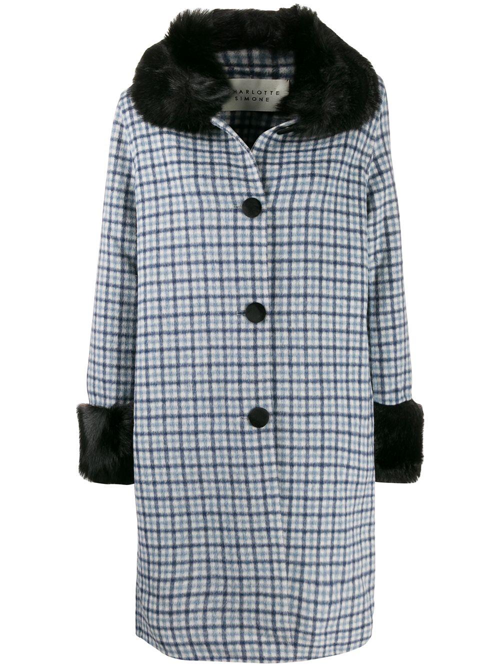 Charlotte Simone Wool Faux Fur Trim Check Coat in Blue - Lyst