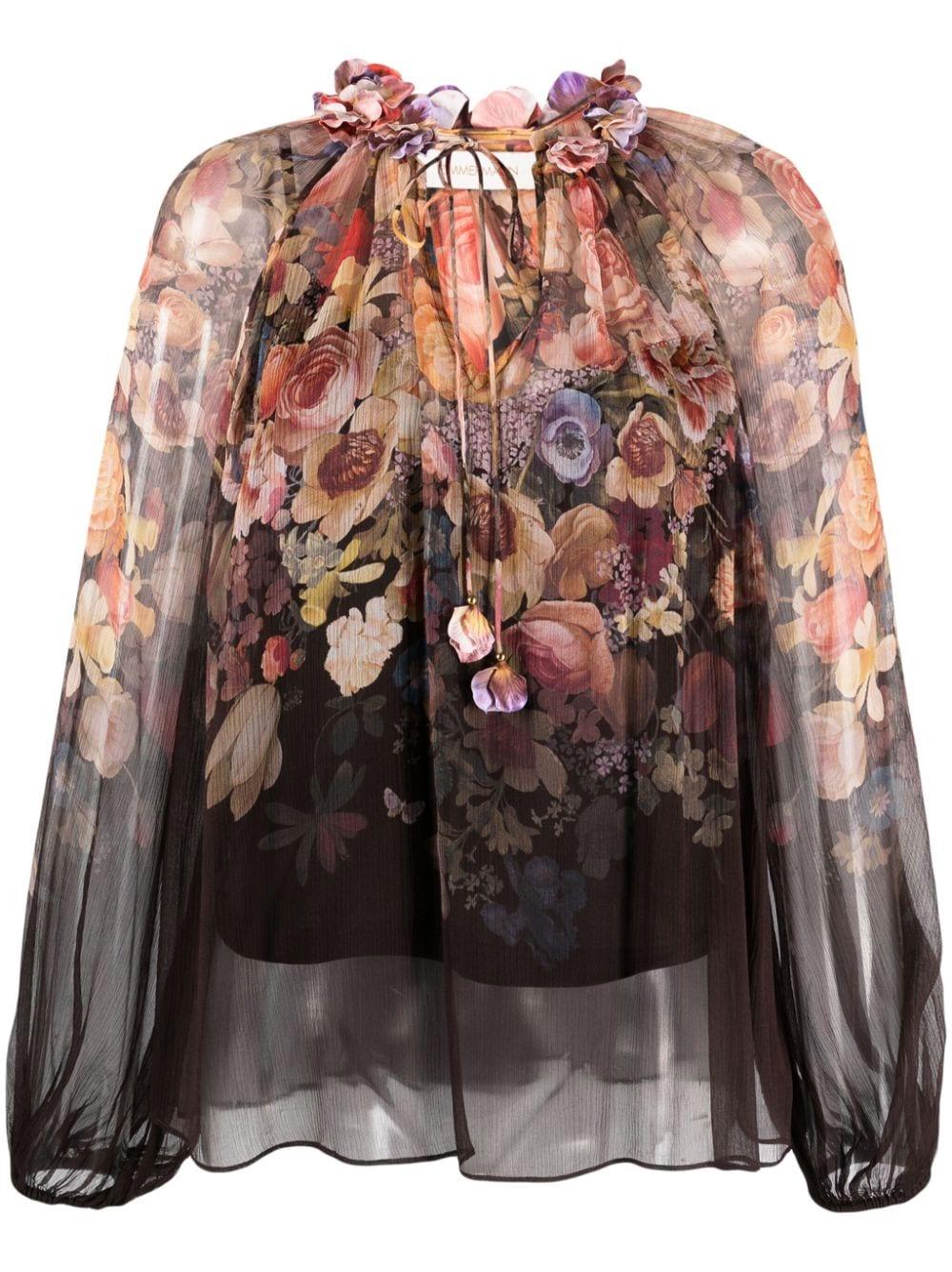 Zimmermann Gathered-neck Floral-print Blouse in Brown | Lyst