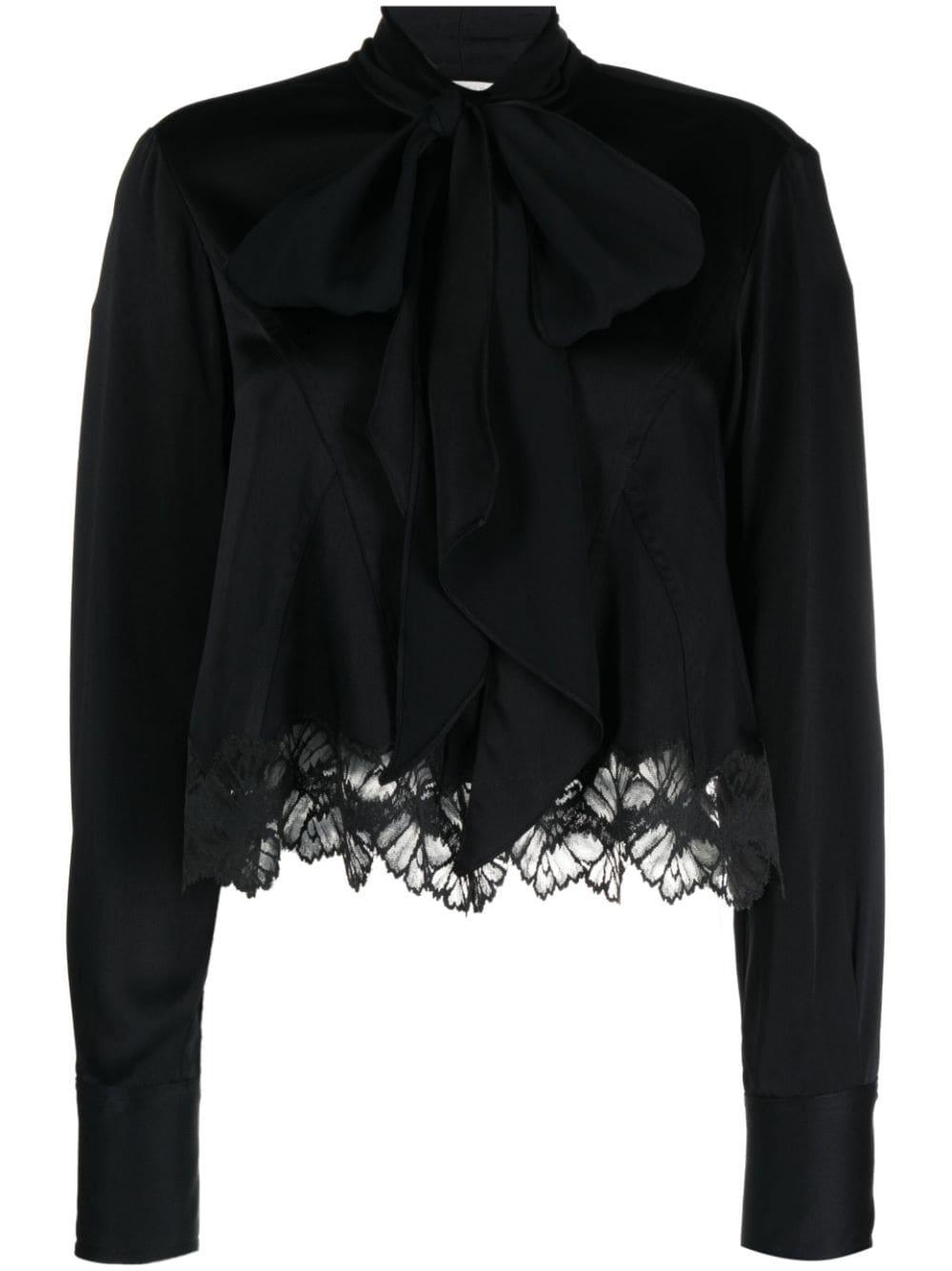 Stella McCartney Pussy-bow Lace-trim Blouse in Black | Lyst