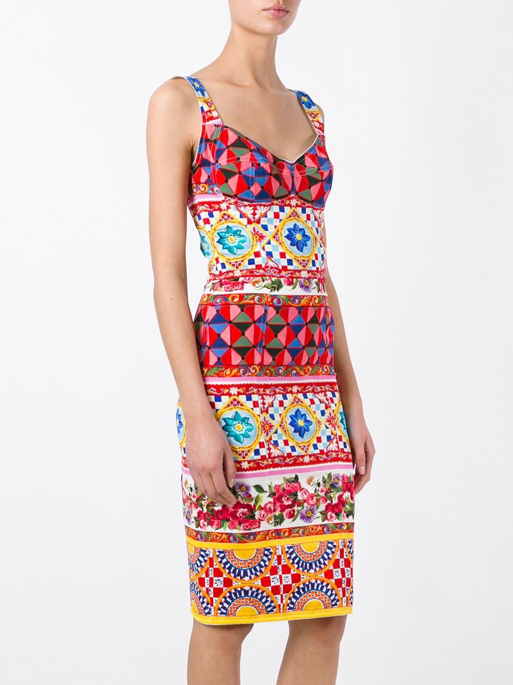 Dolce & Gabbana Silk Mambo Print Fitted Dress in Red - Lyst