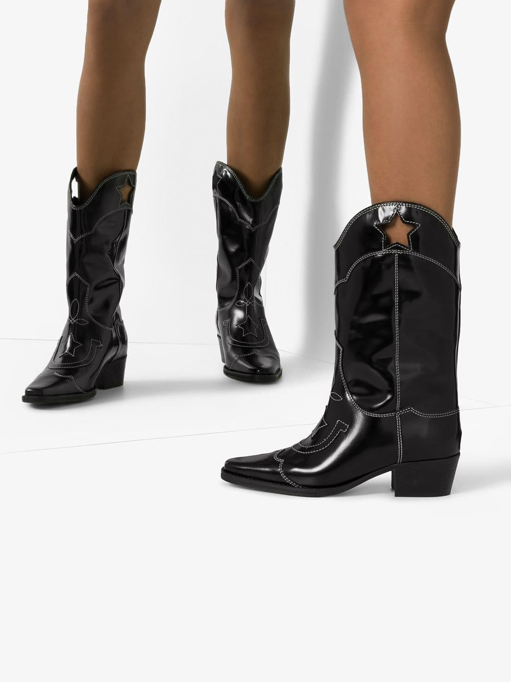 Ganni Black Cutout Star Leather Cowboy Boots Lyst