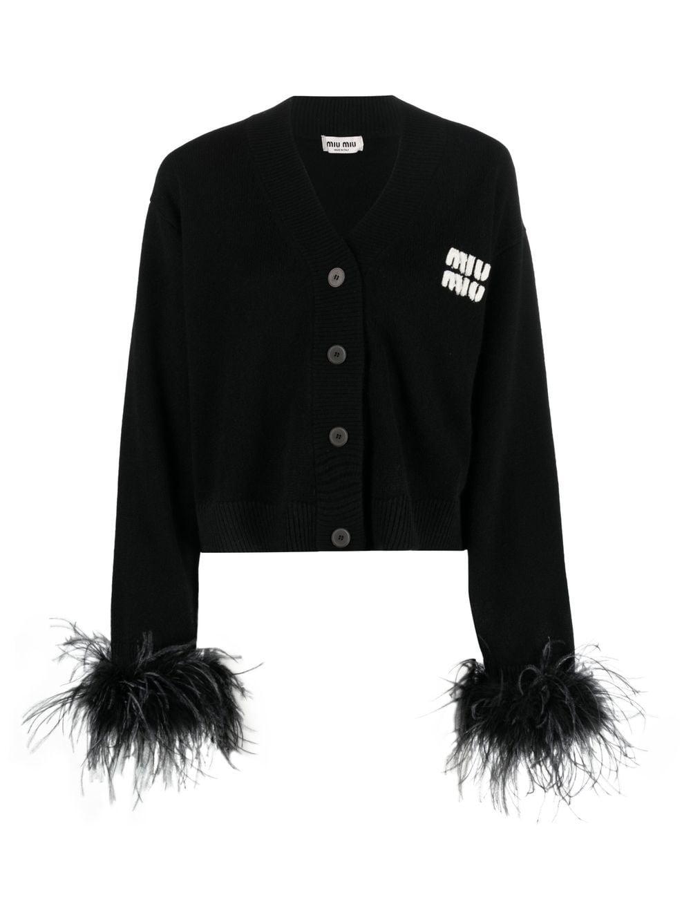 Prada feather-trimmed cashmere cardigan - Black
