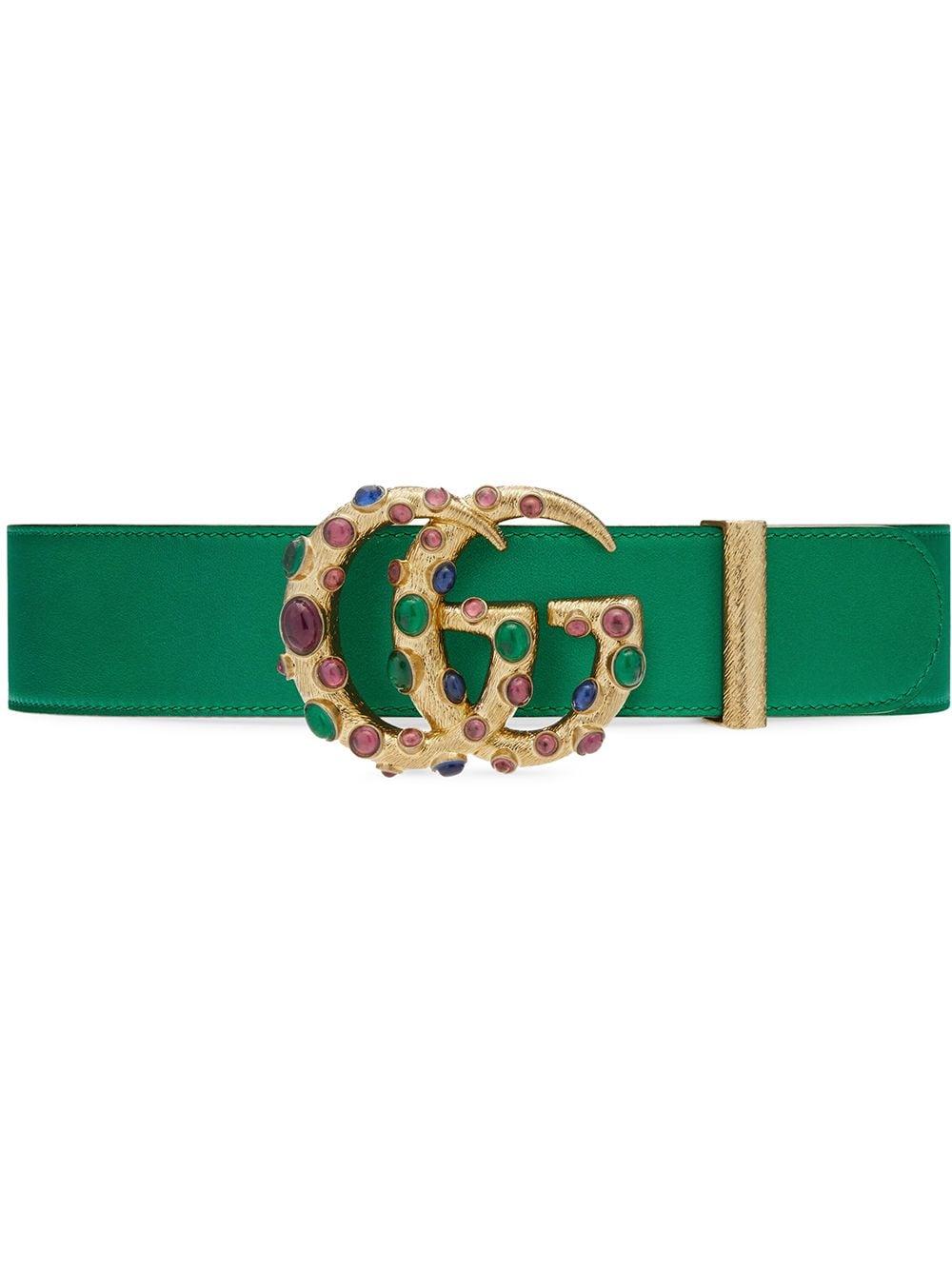 Gucci Leather Belt With Crystal Double G Buckle in Green | Lyst