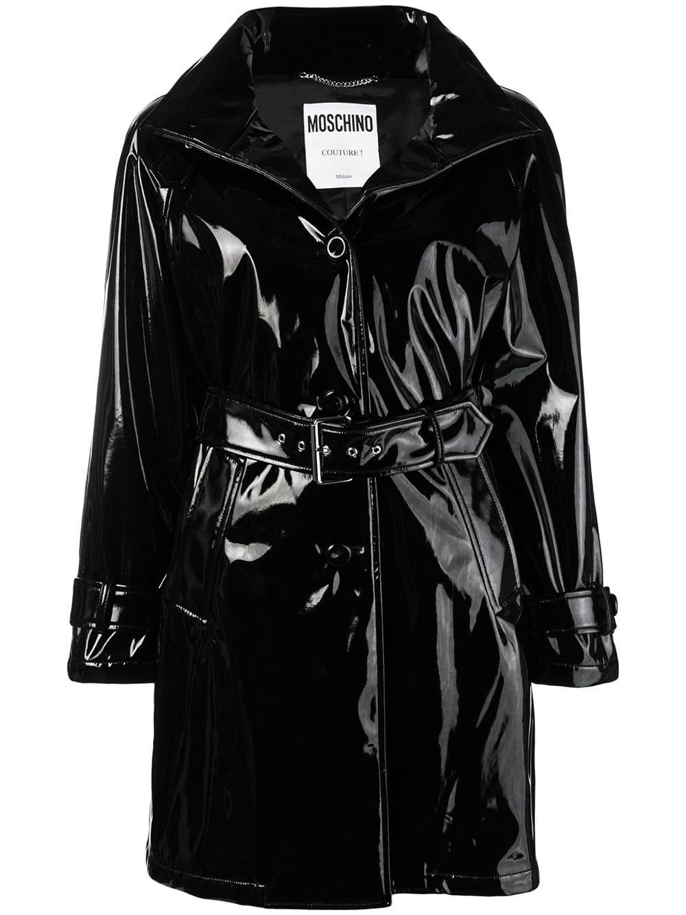 Moschino Synthetic Belted Glossy Raincoat in Black - Lyst