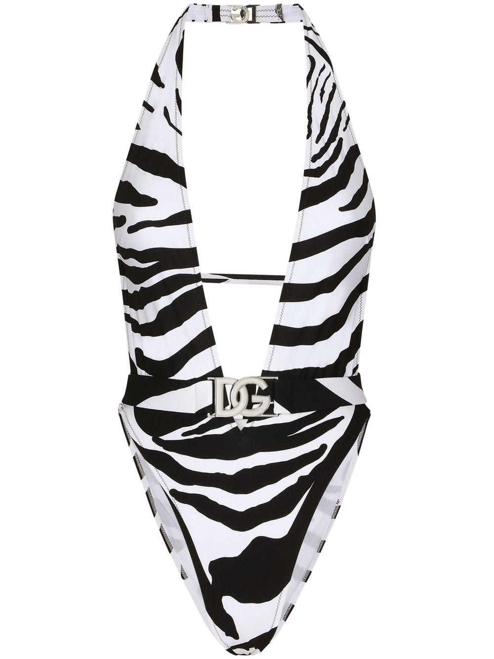Damen Bekleidung Bademode und Strandmode Monokinis und Badeanzüge Dolce & Gabbana Tief ausgeschnittener Badeanzug Zebraprint mit Gürtel in Weiß 