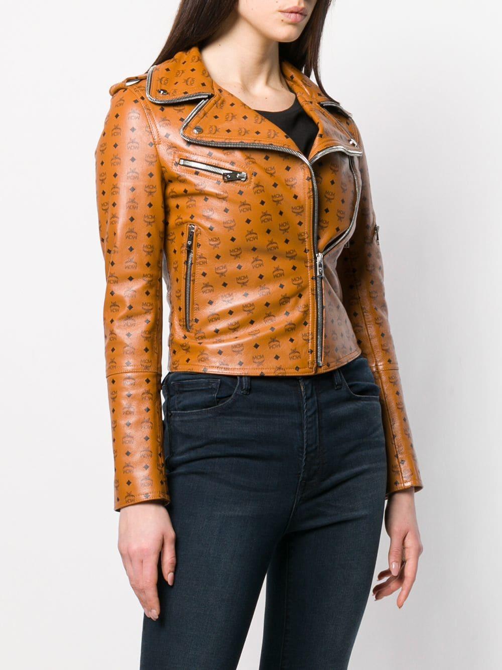 MCM Leather All Over Logo Biker Jacket in Brown - Lyst