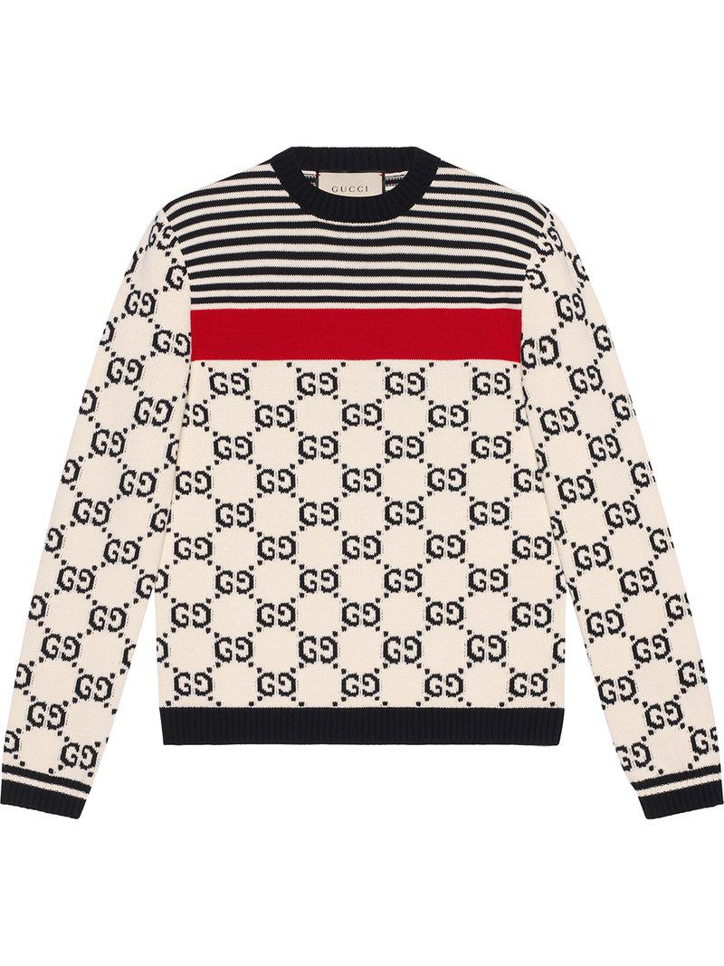 Gucci Gg Intarsia Cotton Sweater in White for Men | Lyst