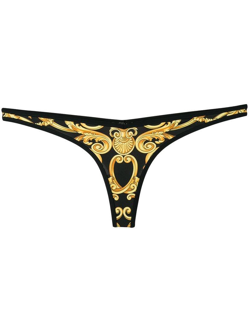 Versace Baroque Print Thong Bikini Bottoms in Black | Lyst