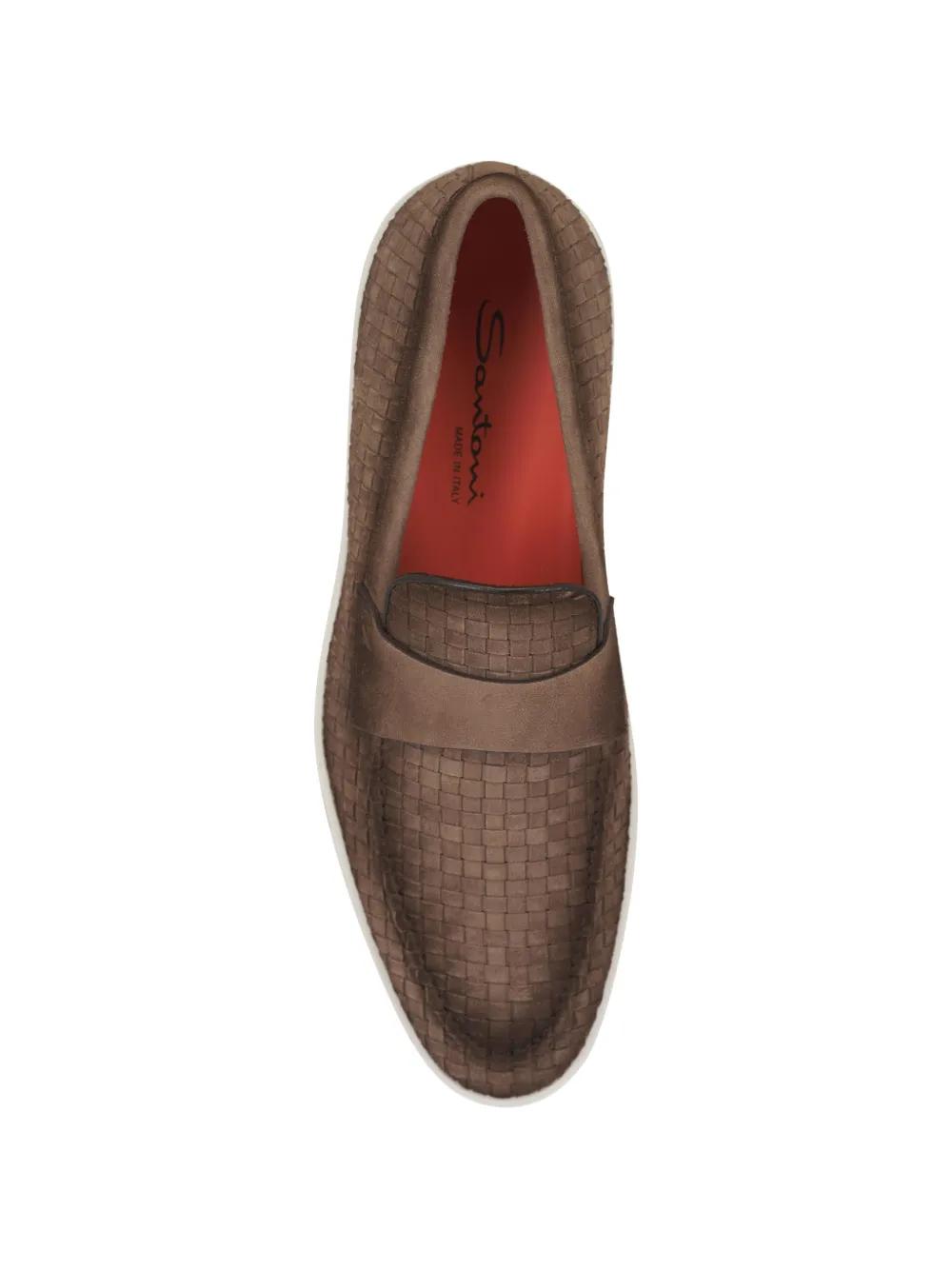 Santoni Brown Woven Leather Slip-On Loafers Santoni - Woven Burnished-Leather Loafers - Brown Santoni main image 3