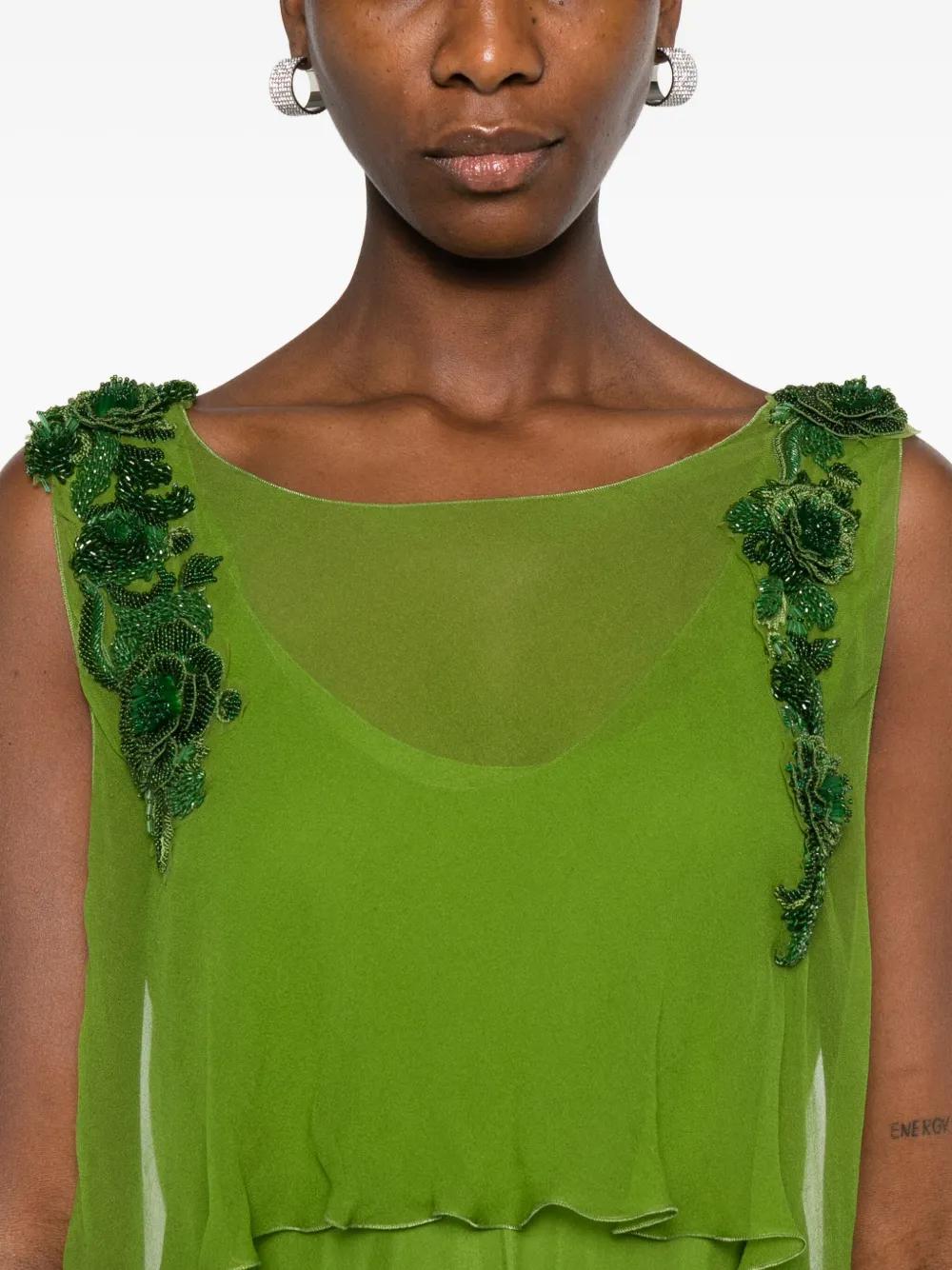 slim fit dress slacks Organic Chiffon Green Long Dress by Alberta Ferretti – Elilhaam main image 1