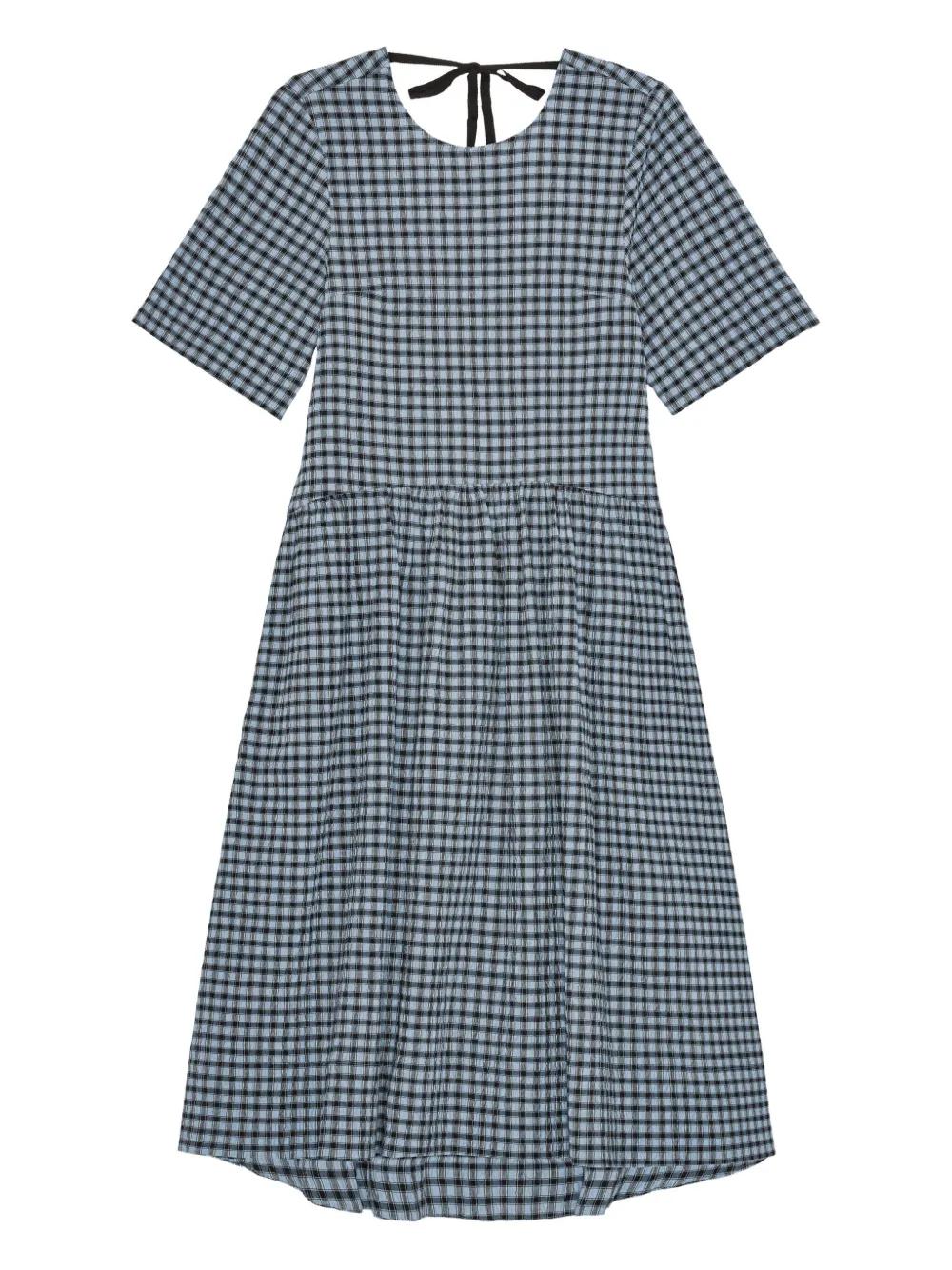 ganni blue plaid dress Checked Seersucker Midi in Color:Deep Navy on style Shirt Type:Polo Shirt Lavender Prom Dresses Modest