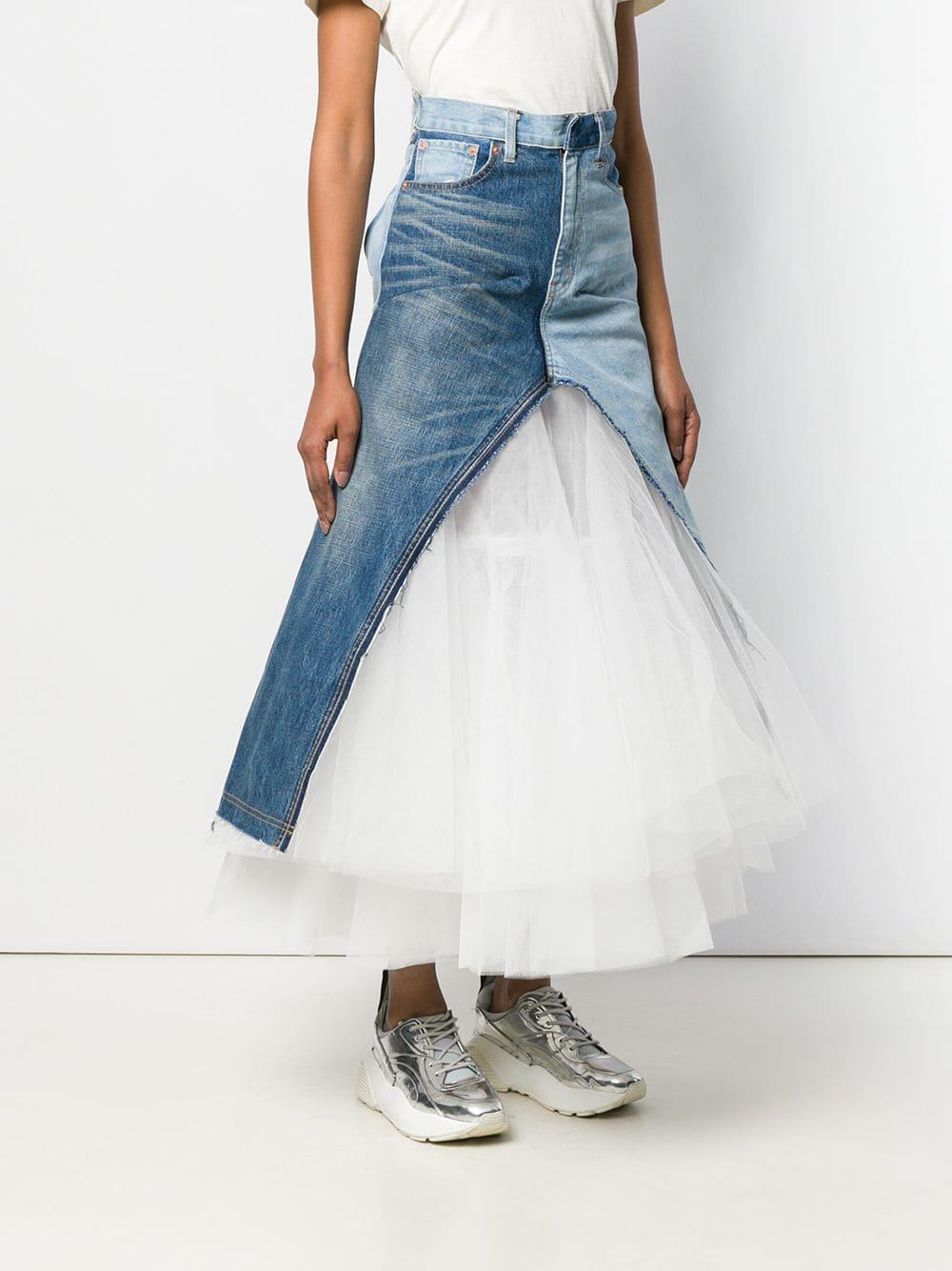 Junya Watanabe Paneled Denim And Tulle Maxi Skirt in Blue | Lyst