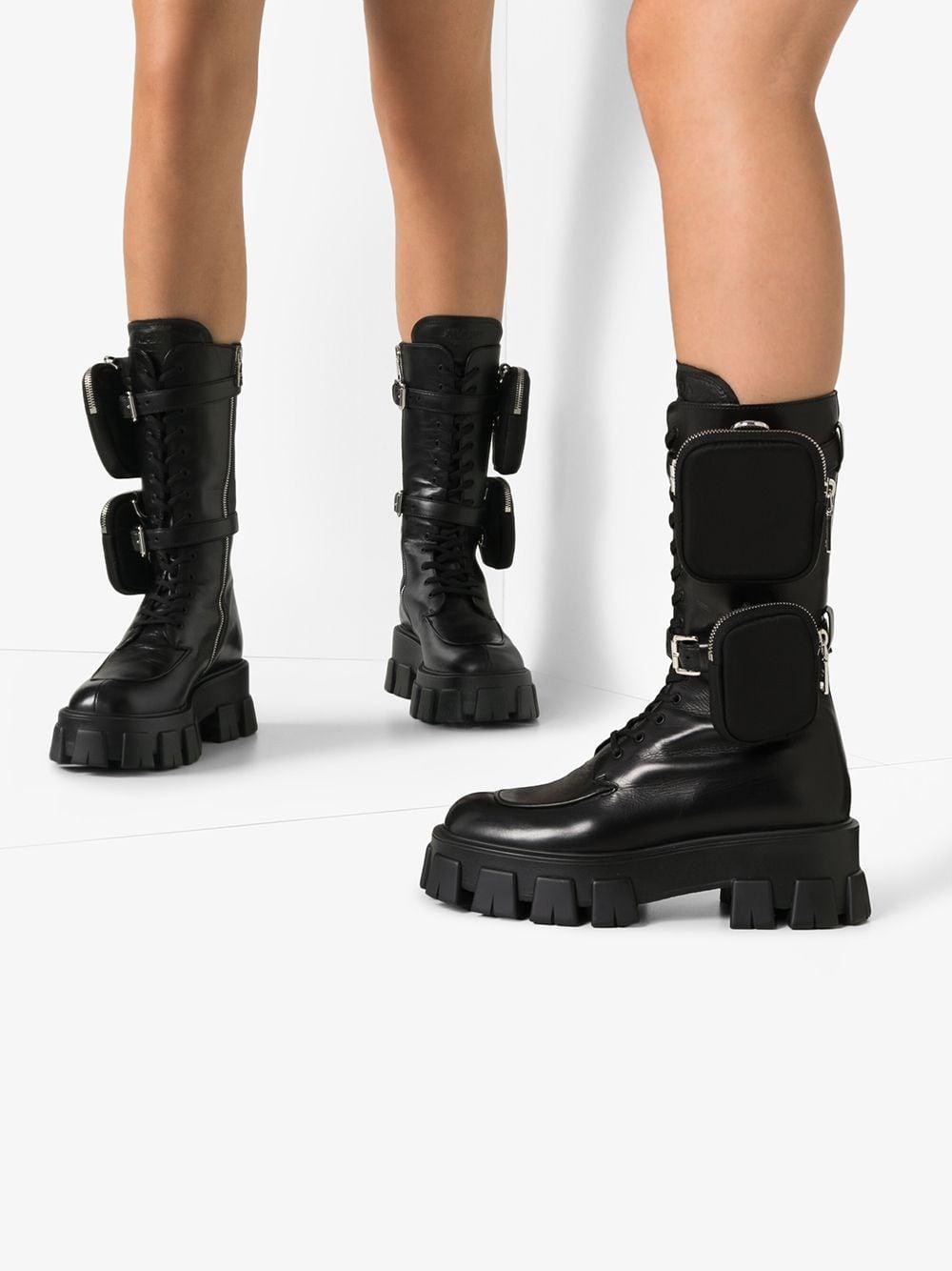 Prada Monolith Nylon Pocket-detailed Leather Combat Boots in Black | Lyst