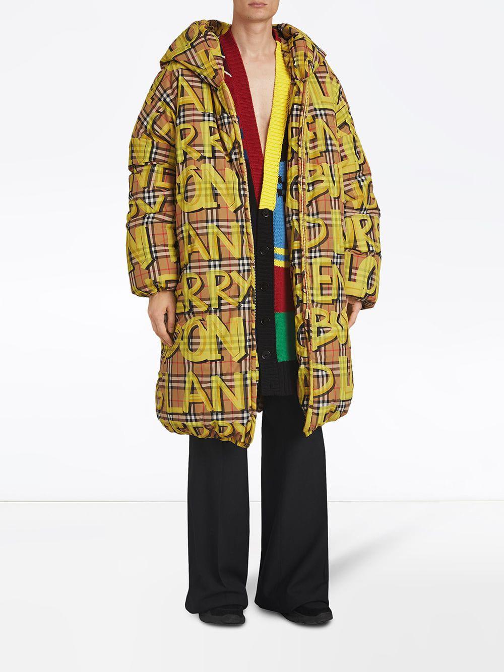 Burberry Graffiti Check Puffer Jacket in Yellow for Men - Lyst