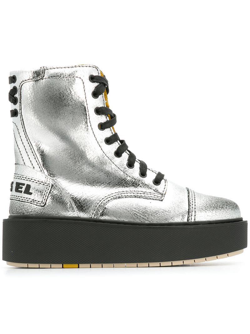 DIESEL Leather D-cage Boots in Silver 