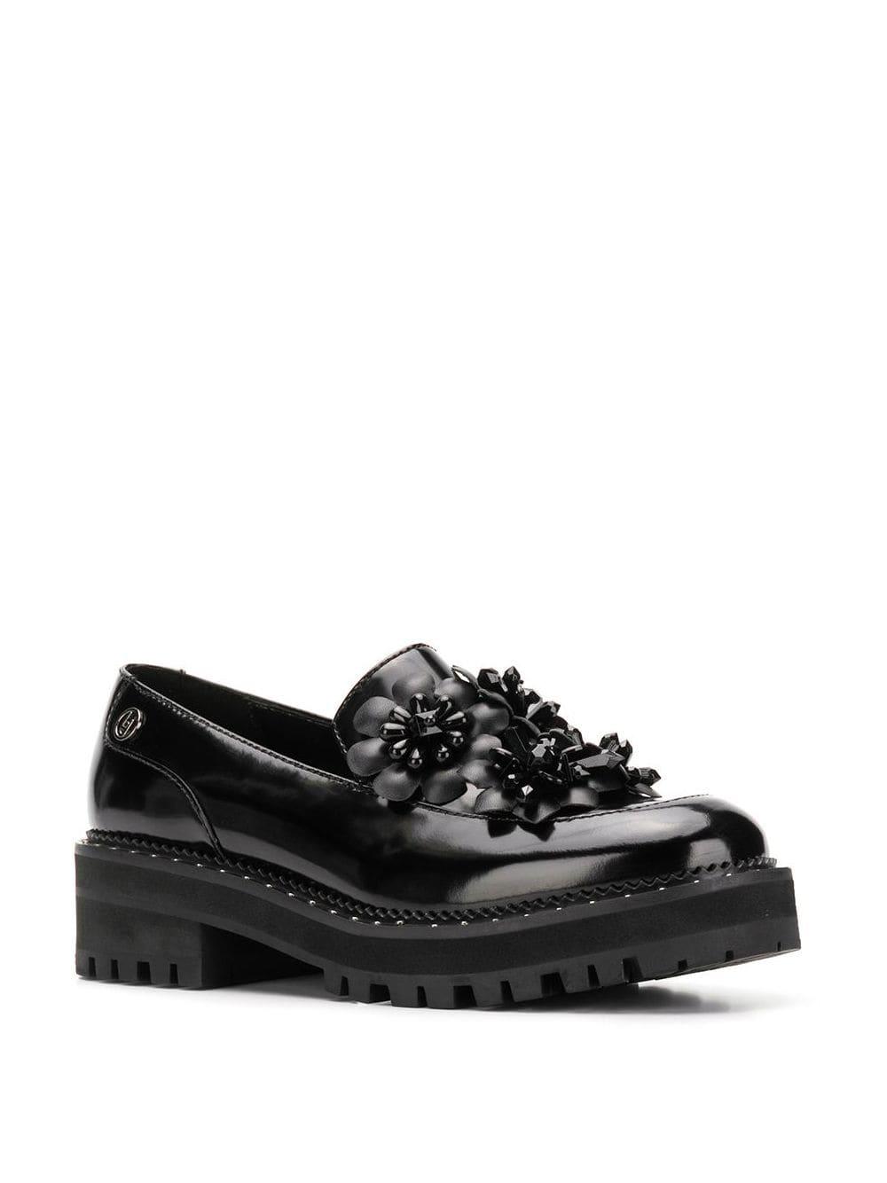 Liu Jo Leather Flower Appliqué Loafers in Black | Lyst