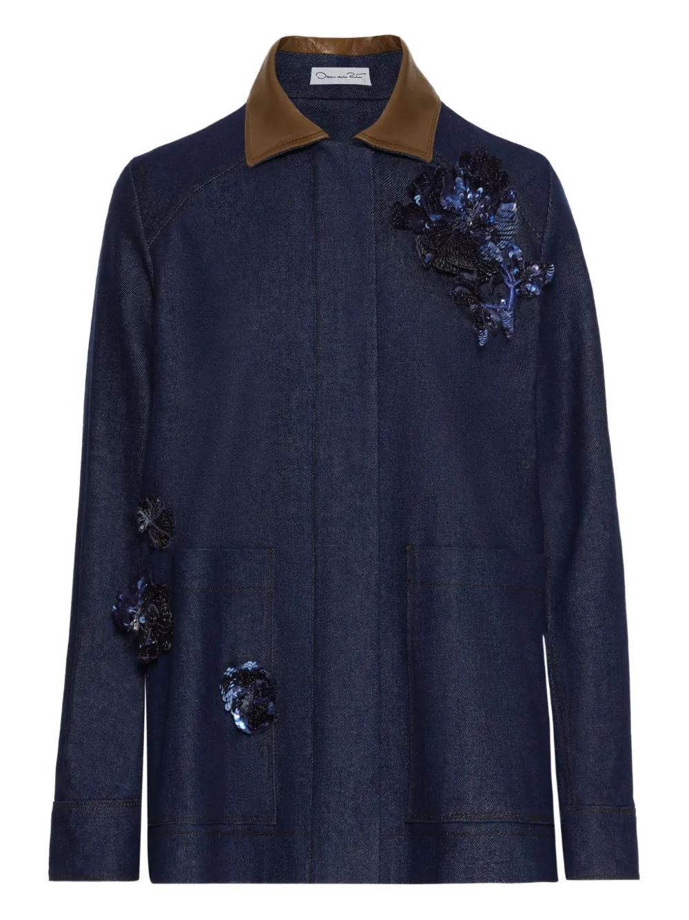 Oscar de la Renta Pailletten-Jeansjacke Mit Lederkragen in Blau