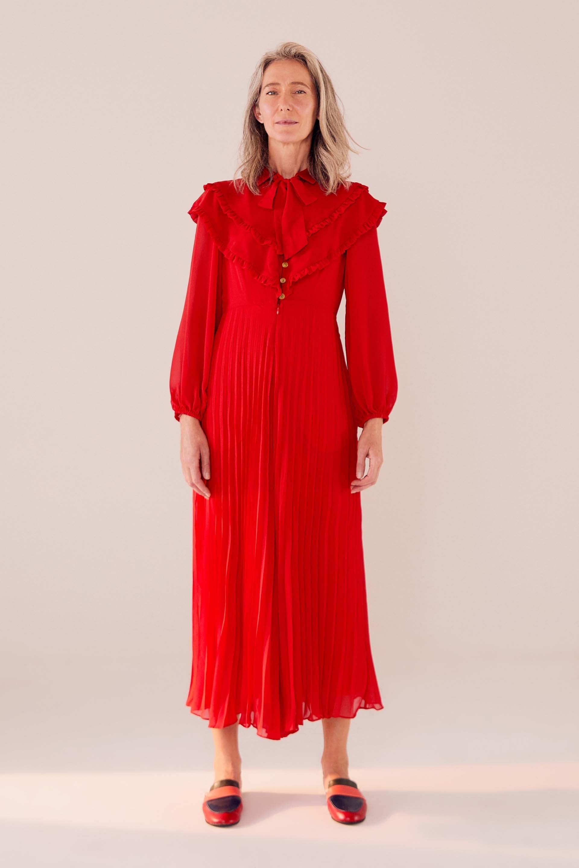 Red pleated jumpsuit sales