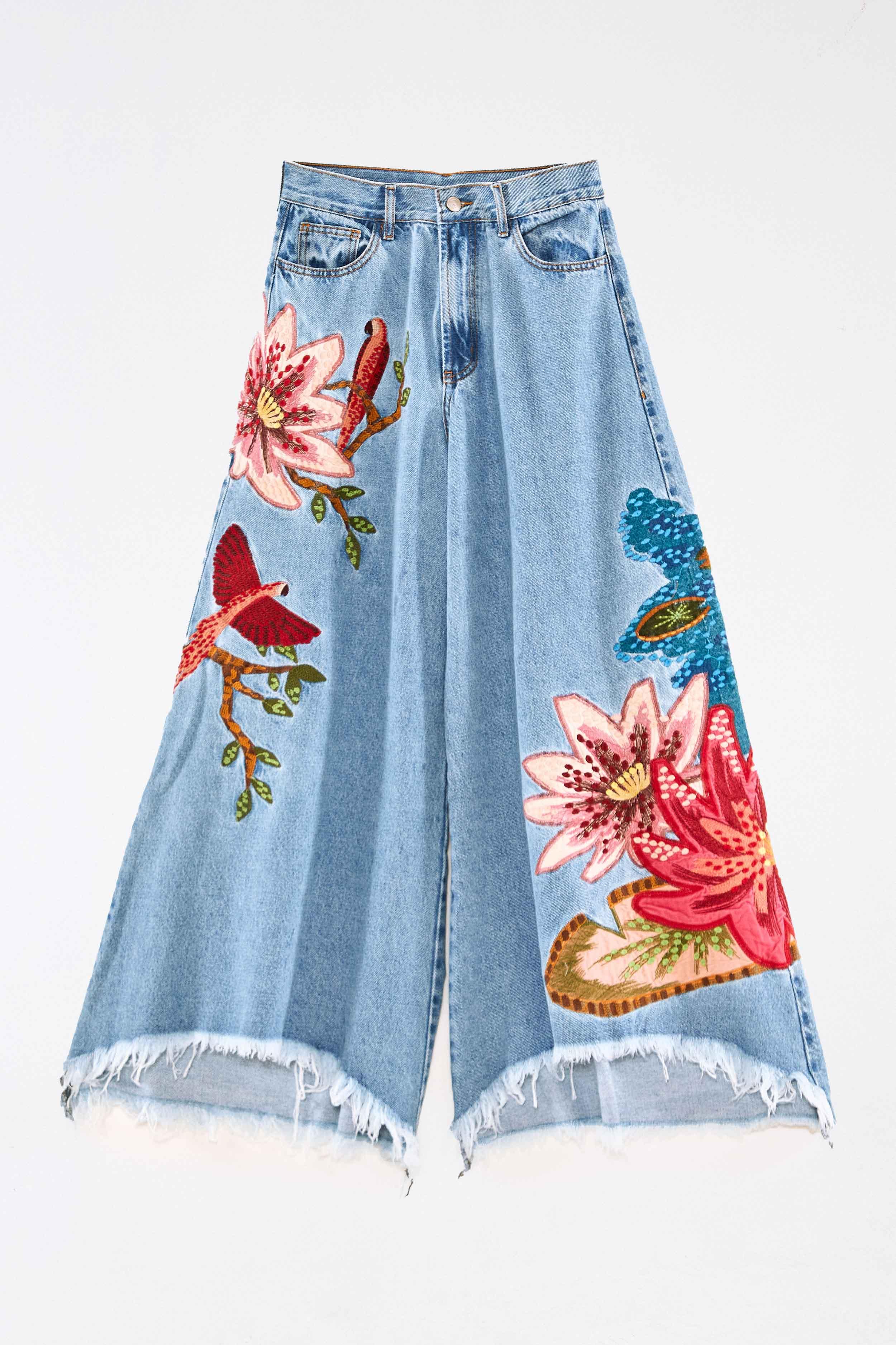 Farm Rio Embroidered High-Rise Wide-Leg Jeans - Women - Cream Jeans - XXL