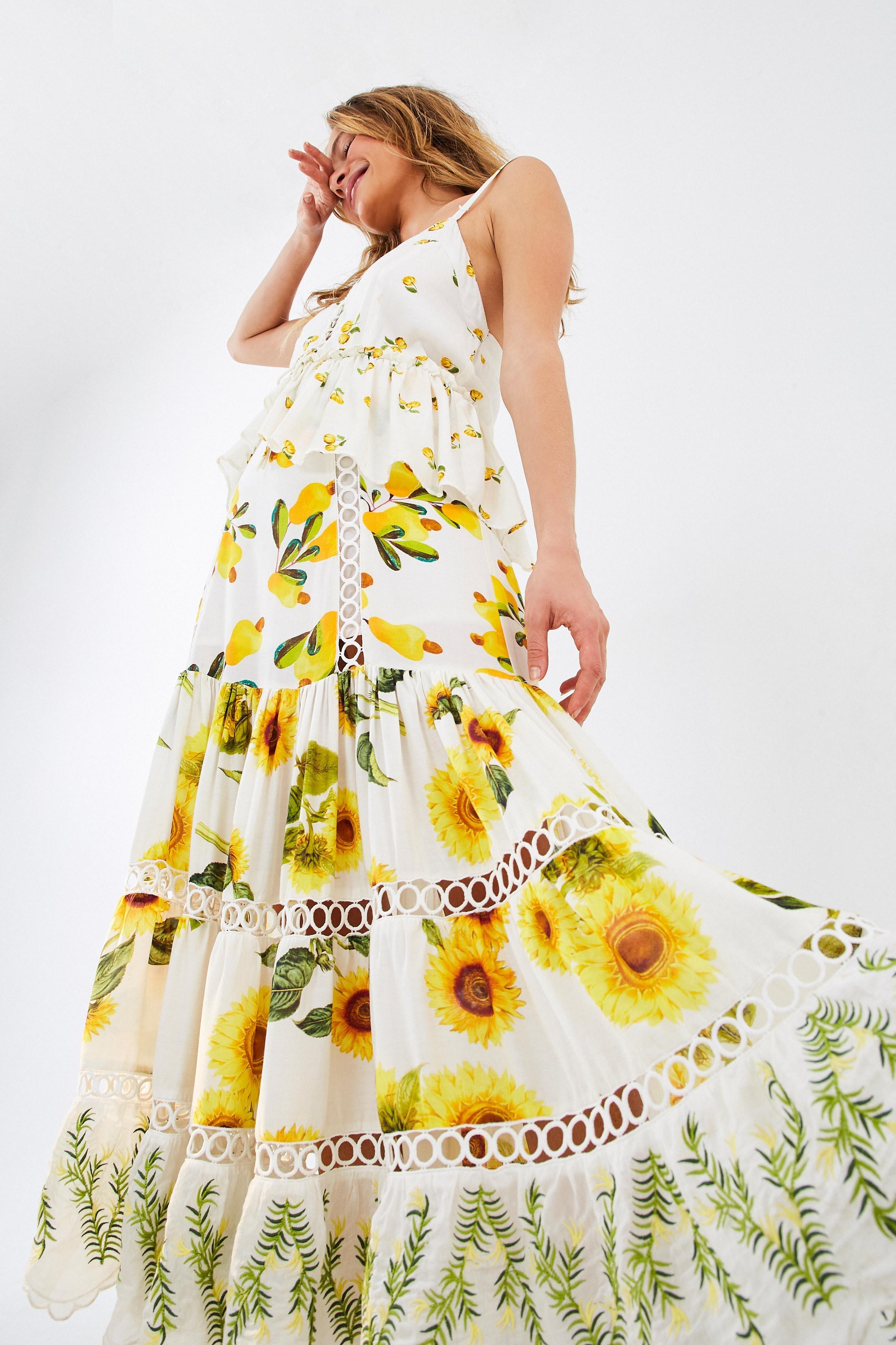 white dress with sunflowers