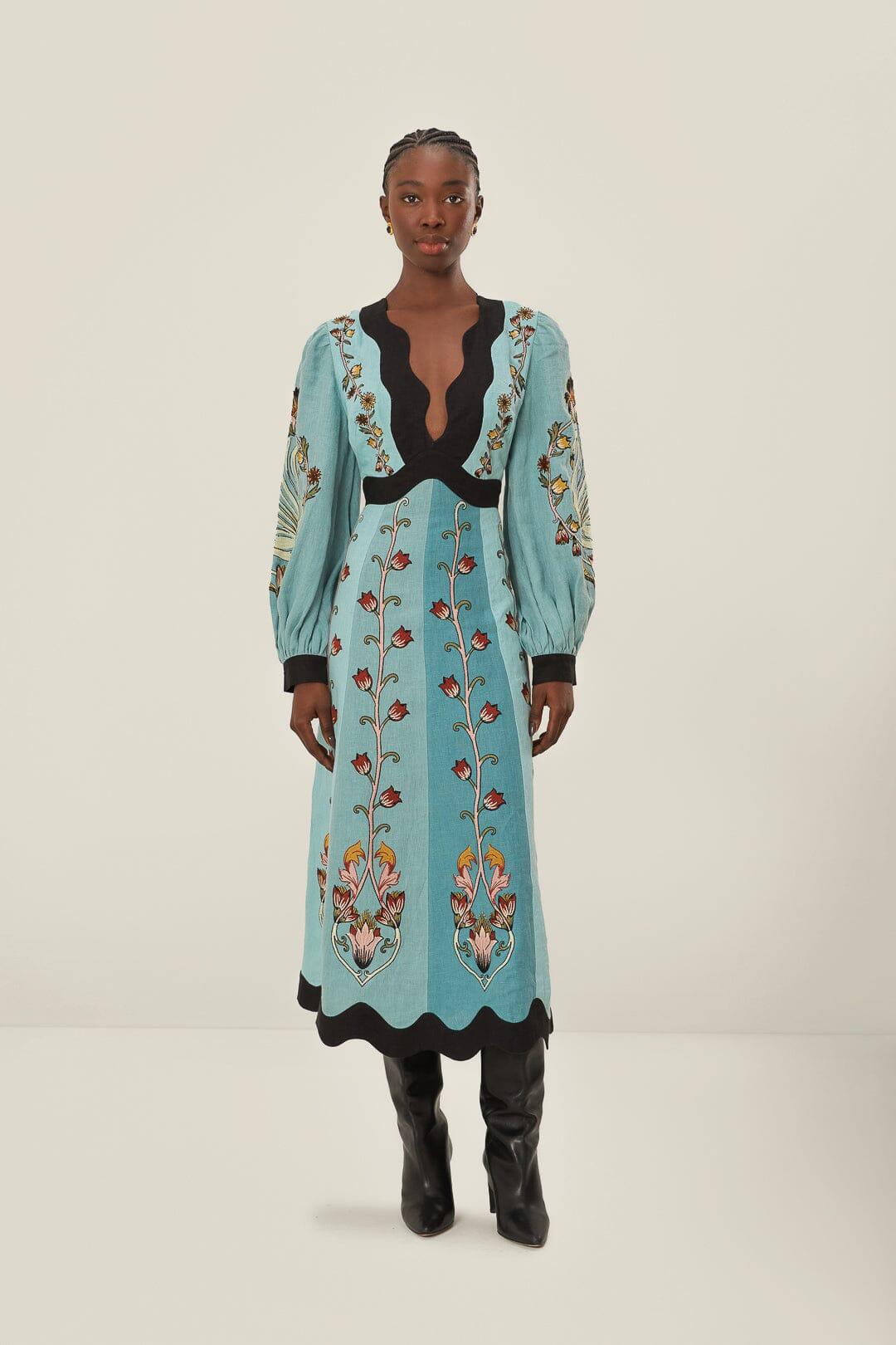 FARM Rio Flowing Beauty Embroidered Long Sleeve Midi Dress, Flowing ...