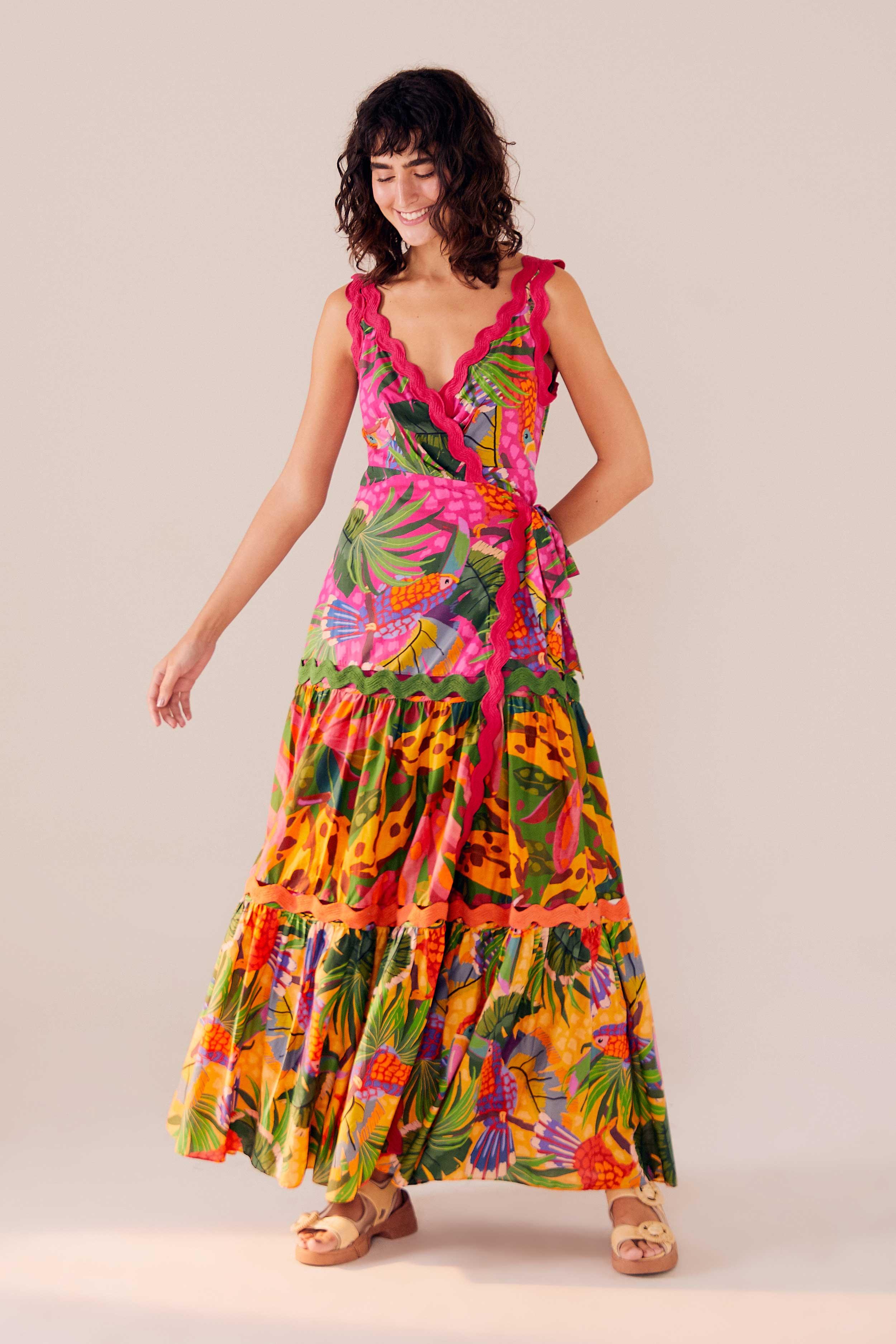 FARM Rio Cotton Mixed Painted Toucans Wrap Maxi Dress | Lyst