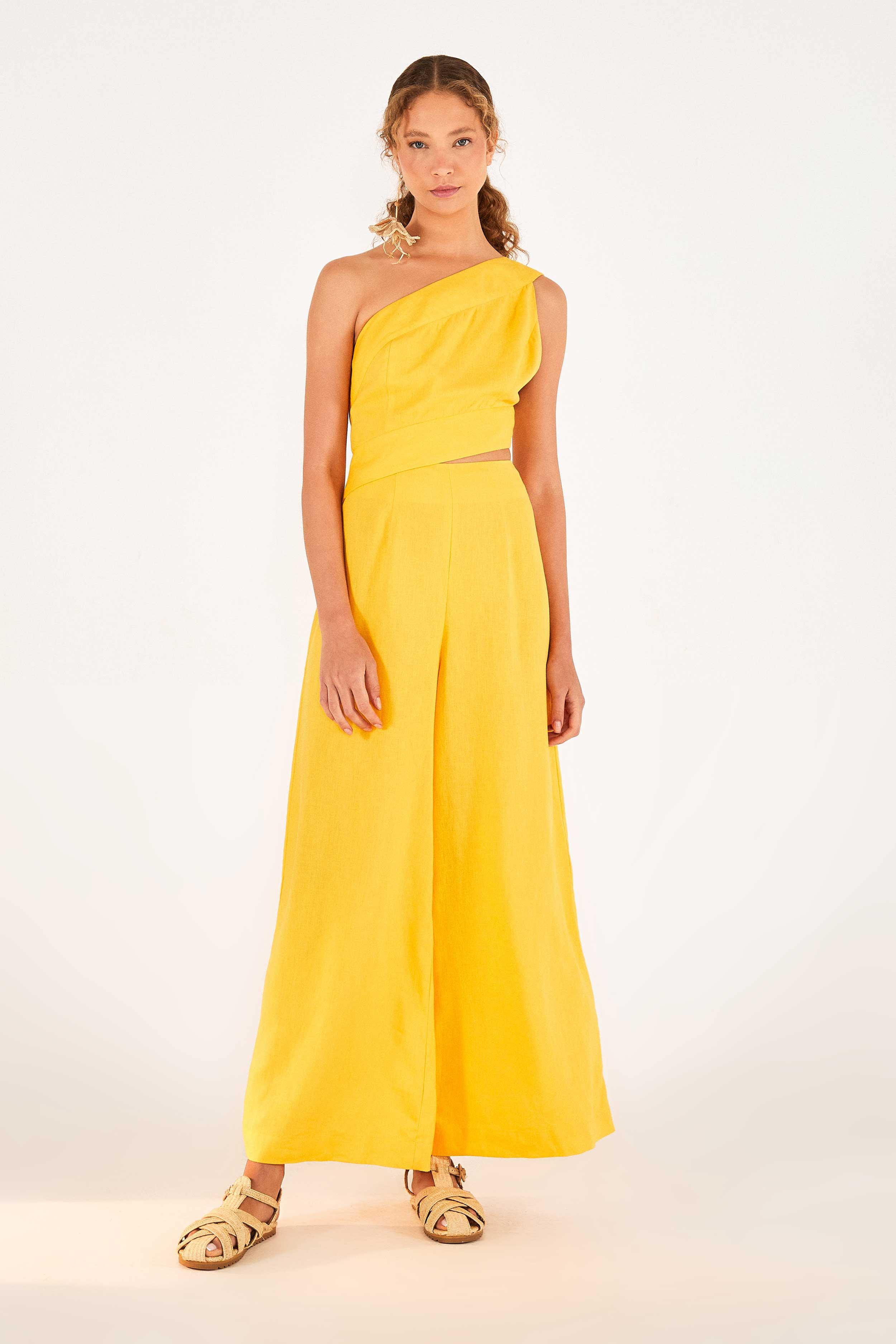 FARM Rio One Shoulder Jumpsuit in Yellow Lyst