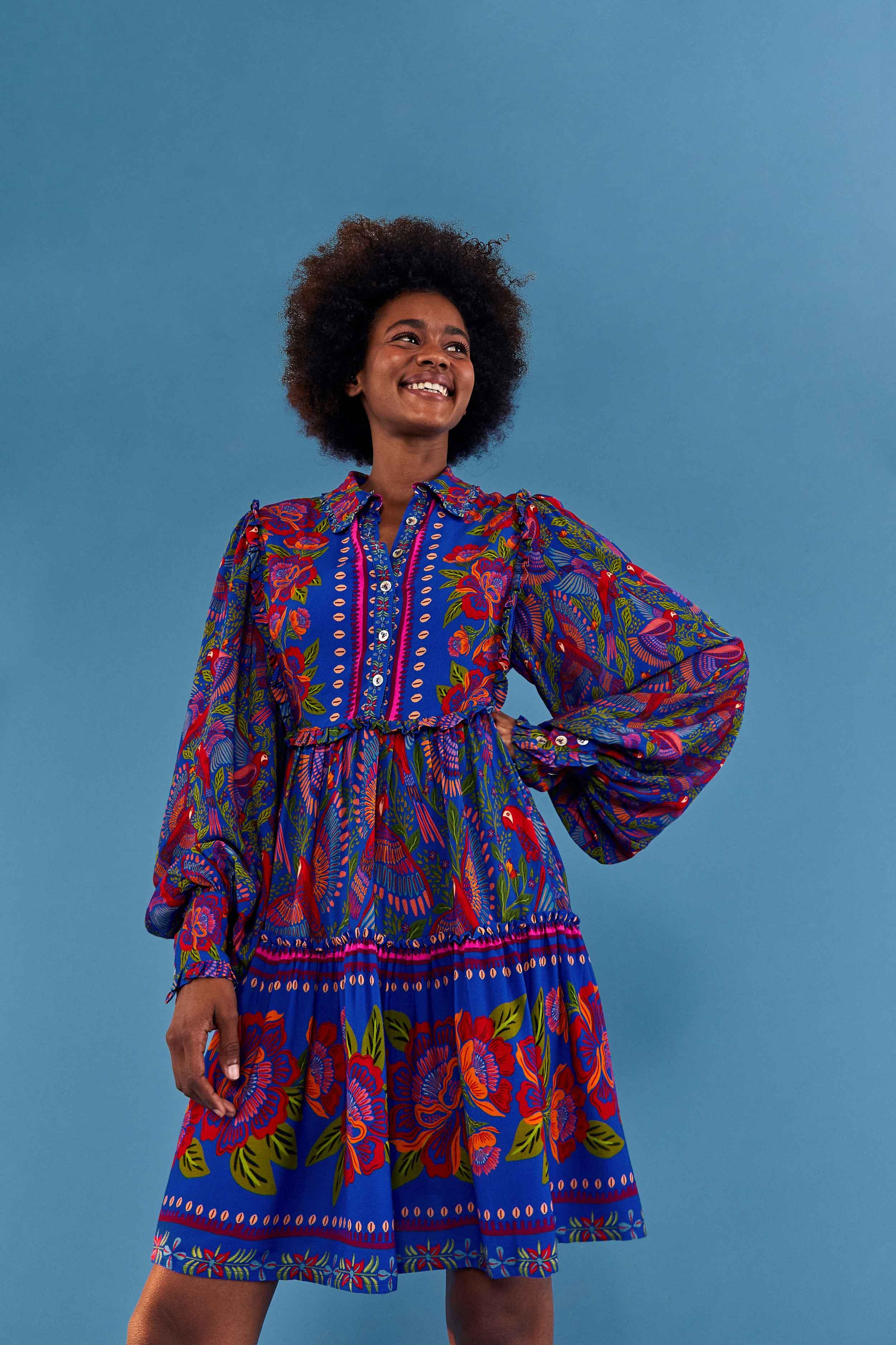 FARM Rio Long Sleeve Mini Dress in Blue 
