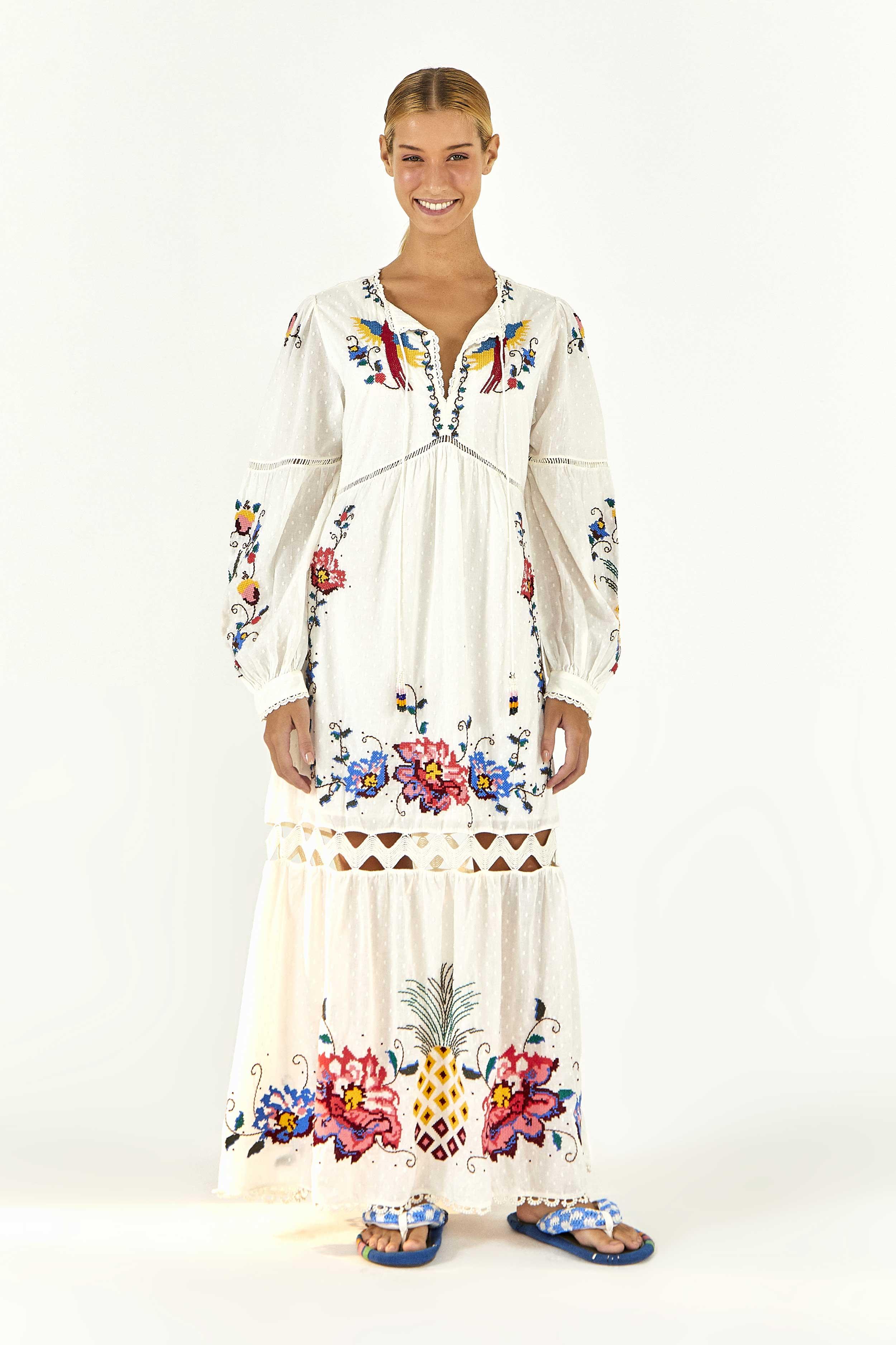 FARM Rio Macaw Cross Stitch Embroidered Maxi Dress in White