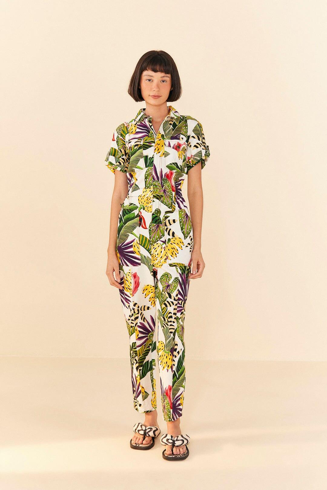 Floral Leaf Print Jersey Jumpsuit | SilkFred US