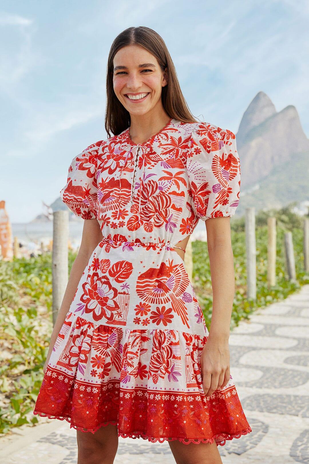 FARM Rio Off-white Rio Tiles Puff Sleeve Mini Dress in Red | Lyst