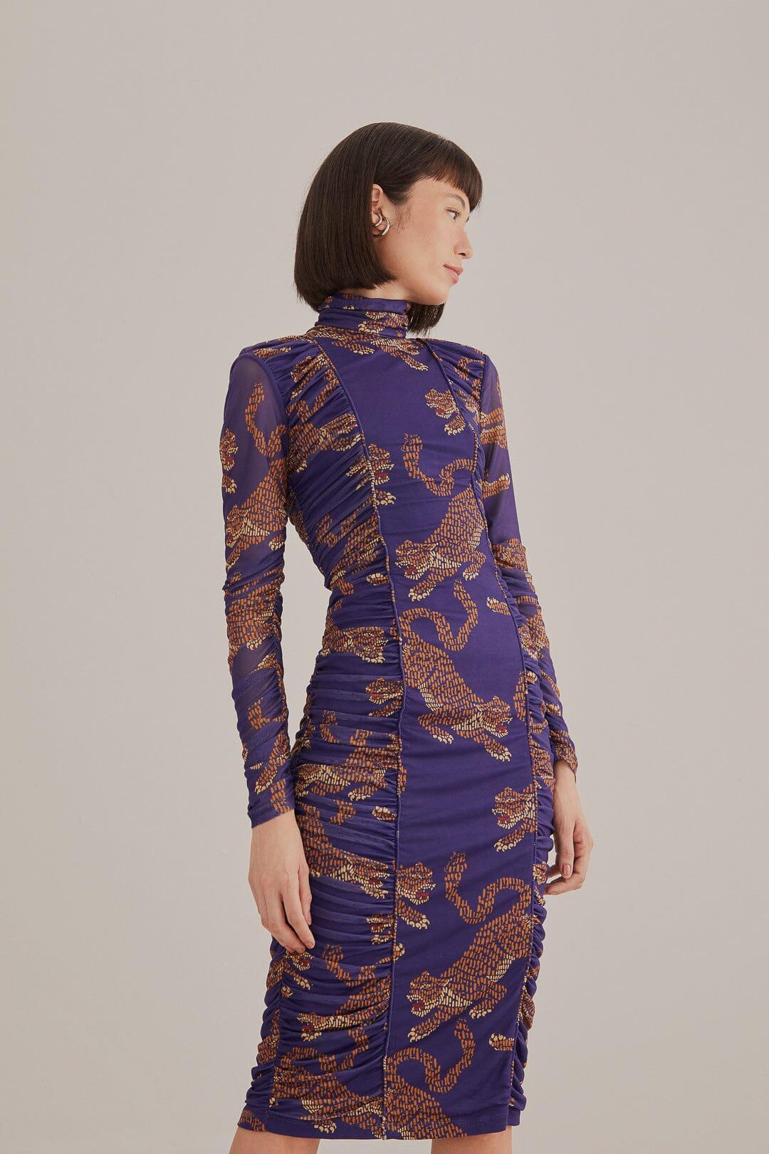 FARM Rio Navy Blue Leopards High Neck Midi Dress in Purple | Lyst