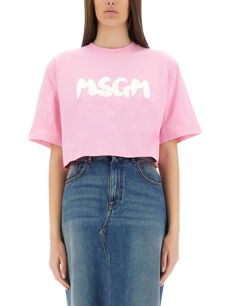 Tシャツ・カットソー MSGM COTTON CROPPED TOP MSGM - Pink Cotton Cropped T-Shirt | Childrensalon Outlet