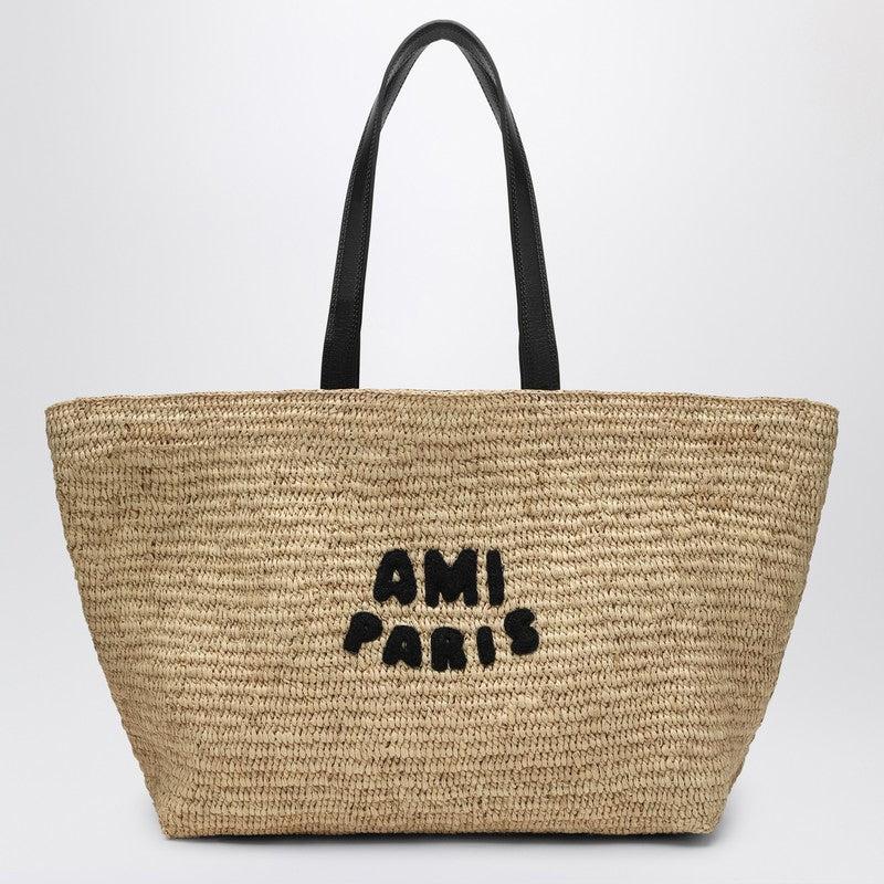 Ami Paris Raffia Tote Bag With Logo in Metallic Lyst