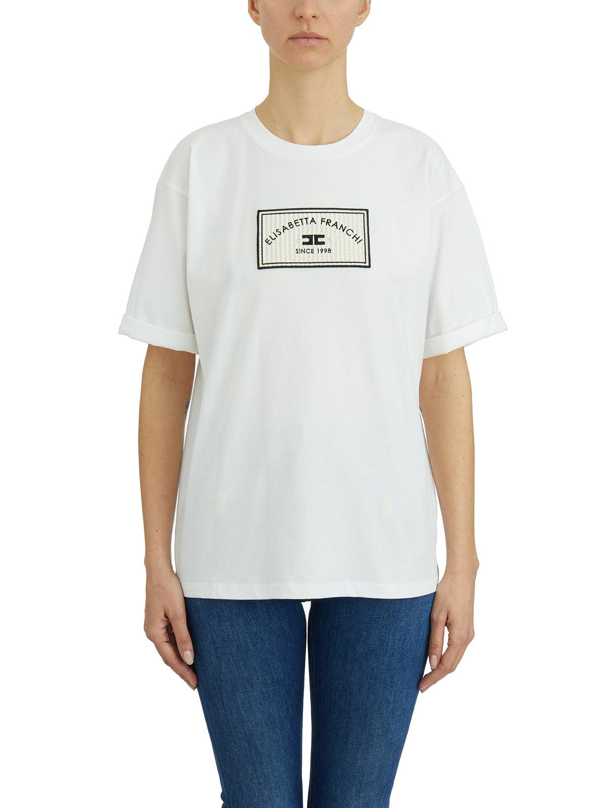 Elisabetta Franchi Cotton T-Shirt With Logo Patch in White