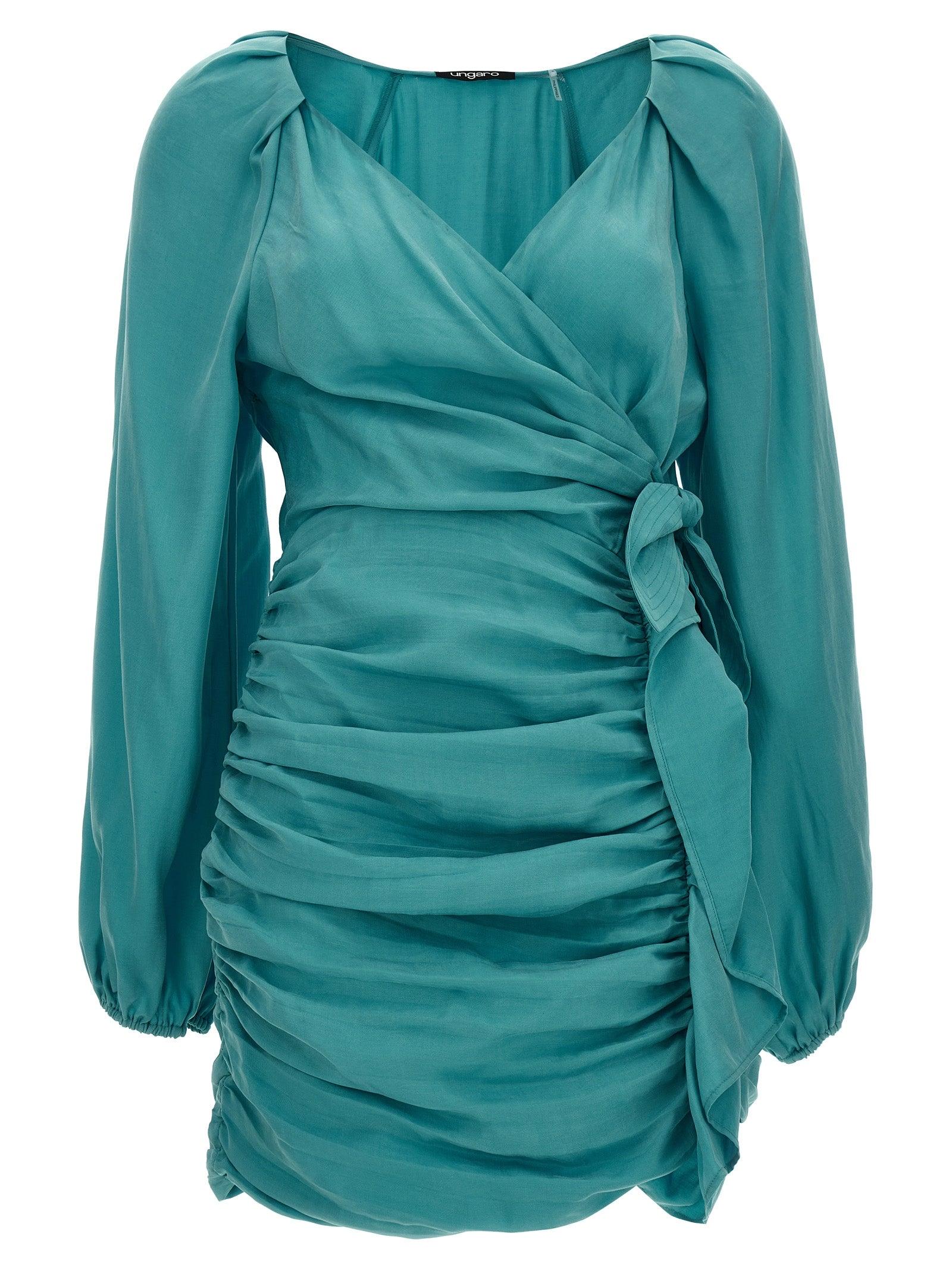 green emerald velvet dress Emanuel Ungaro 1980s Floral Print Green Silk Ruched Cocktail Dress –  Featherstone Vintage main image 1