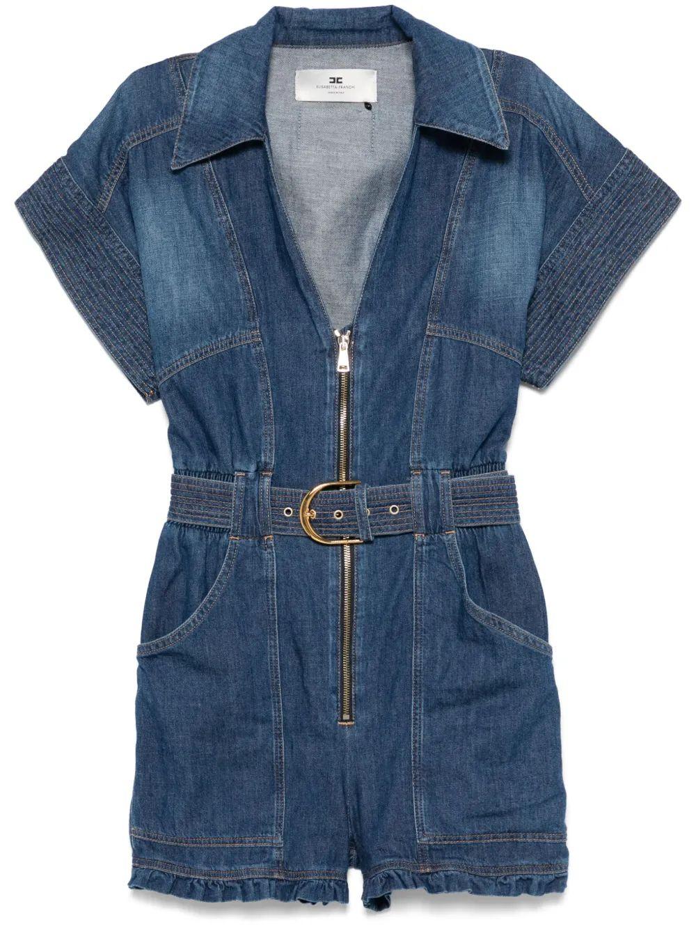 ジャケット ELISABETTA FRANCHI SHORT DENIM SUIT WITH BELT Elisabetta Franchi Mc Short Denim Monkey With Belt Detail In